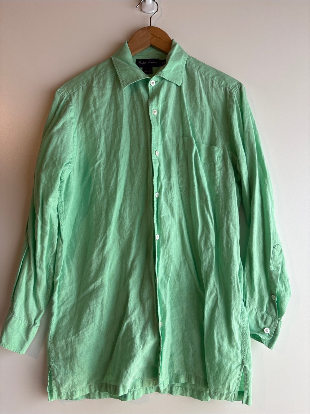 Ralph Lauren Purple Label Green Linen Button-Up 3/4 Sleeves Size Small
